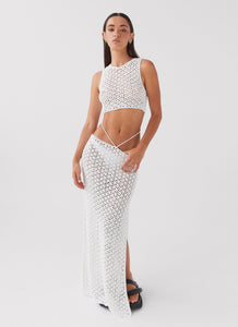 Womens Mabel Bay Crochet Maxi Skirt in the colour White in front of a light grey background