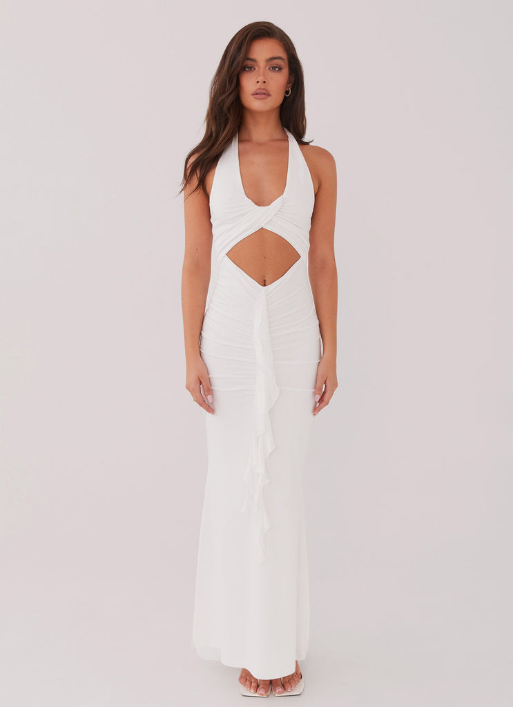 Womens Allanna Frill Maxi Dress in the colour White in front of a light grey background