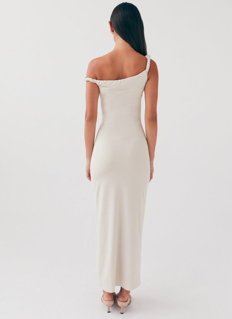 Womens Arabella Twist Shoulder Maxi Dress in the colour Beige in front of a light grey background