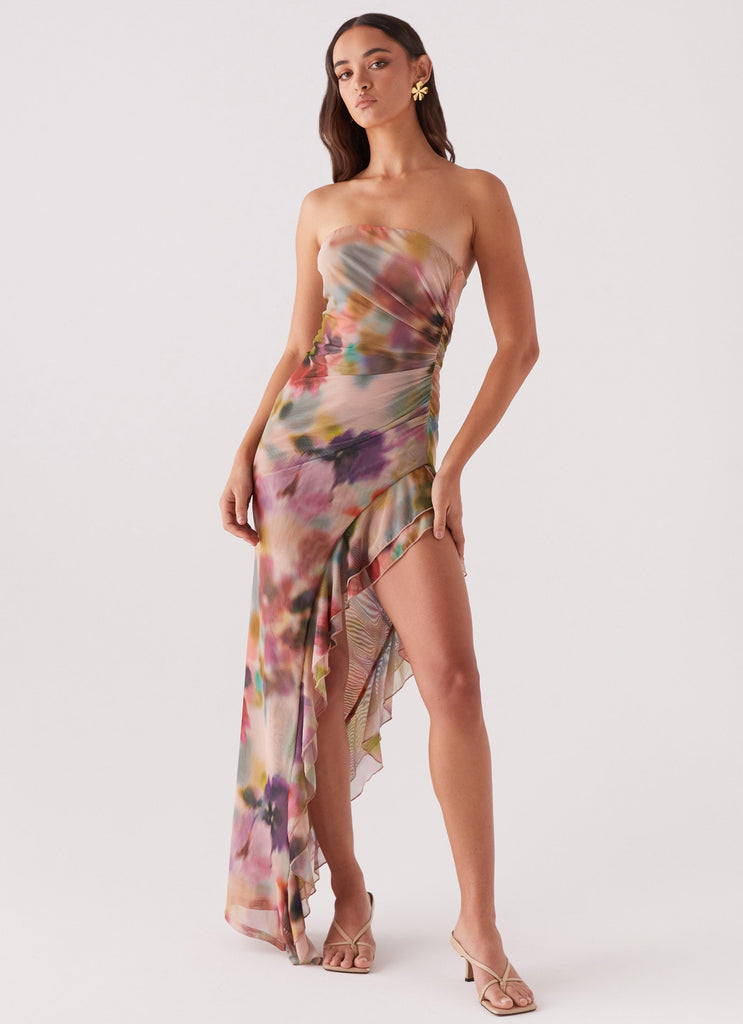 Womens Shape Of You Strapless Maxi Dress in the colour Mystic Meadow in front of a light grey background