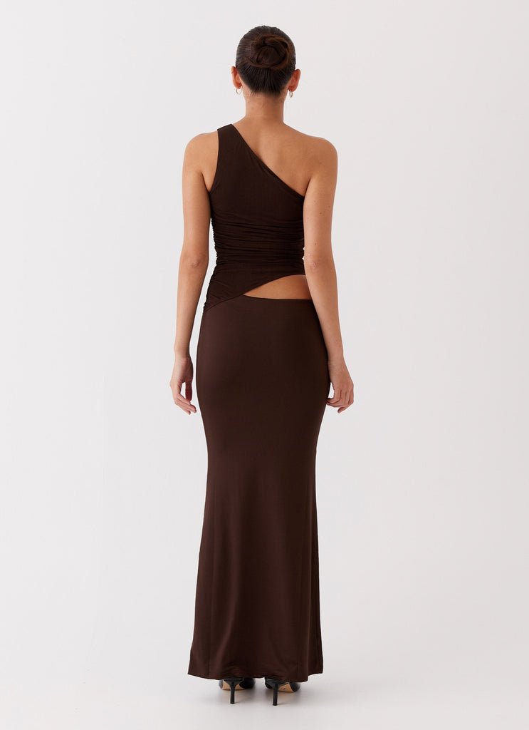 Womens Seranella One Shoulder Maxi Dress in the colour Chocolate in front of a light grey background