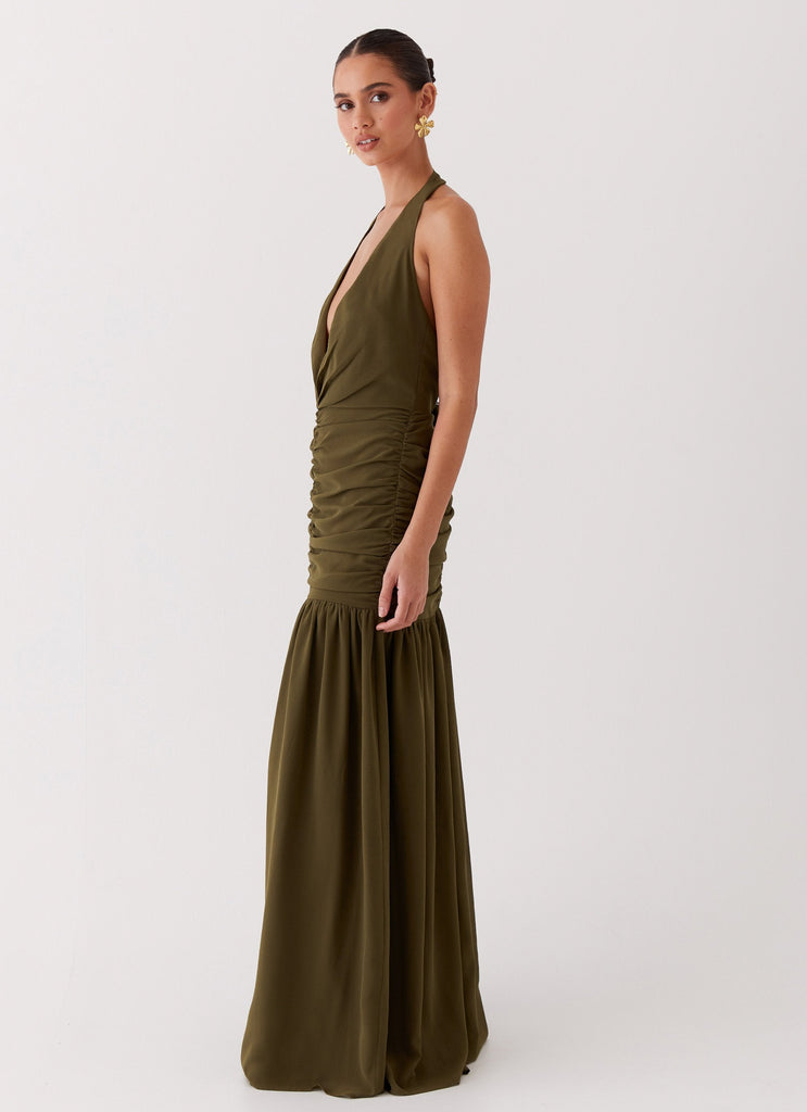 Womens Truly In Love Maxi Dress in the colour Khaki in front of a light grey background