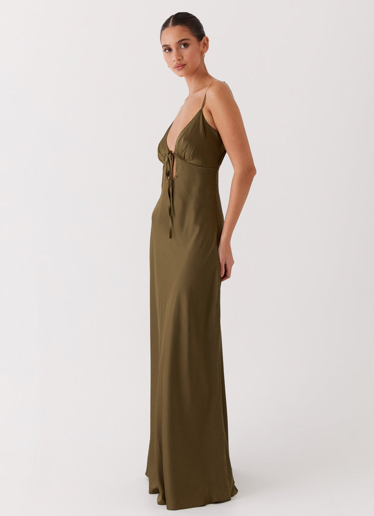 Womens Flora Satin Maxi Dress in the colour Khaki in front of a light grey background