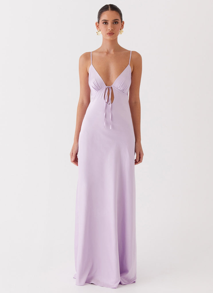 Womens Flora Satin Maxi Dress in the colour Lilac in front of a light grey background