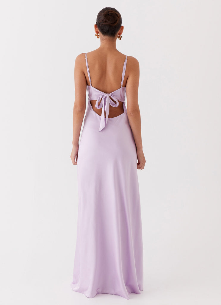 Womens Flora Satin Maxi Dress in the colour Lilac in front of a light grey background