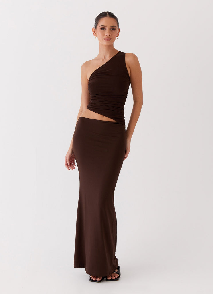 Womens Seranella One Shoulder Maxi Dress in the colour Chocolate in front of a light grey background