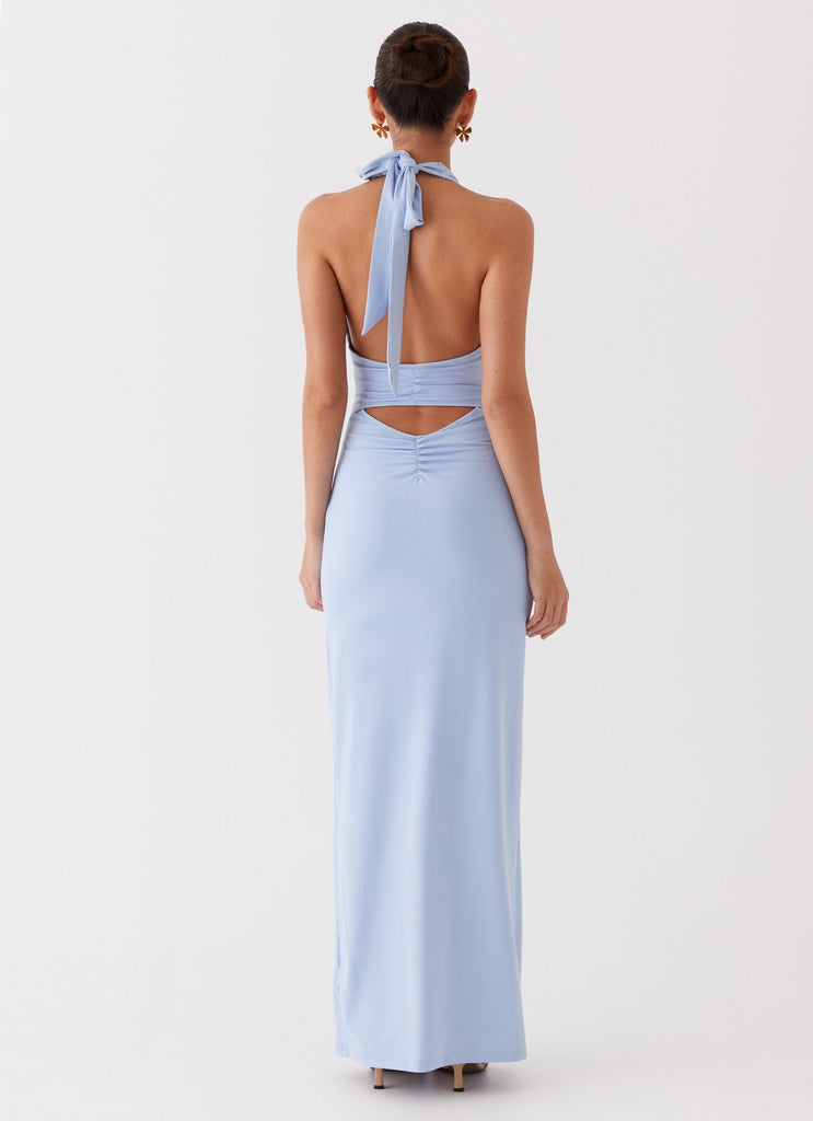 Womens Whisked Away Halterneck Maxi Dress in the colour Blue in front of a light grey background