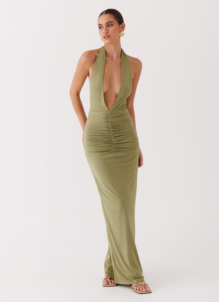 Womens Whisked Away Halterneck Maxi Dress in the colour Olive in front of a light grey background