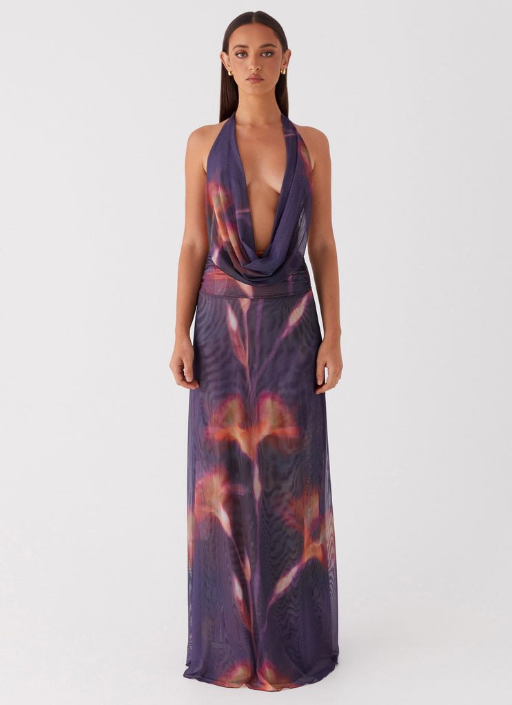 Womens Elysia Mesh Maxi Dress in the colour Midnight Bloom in front of a light grey background