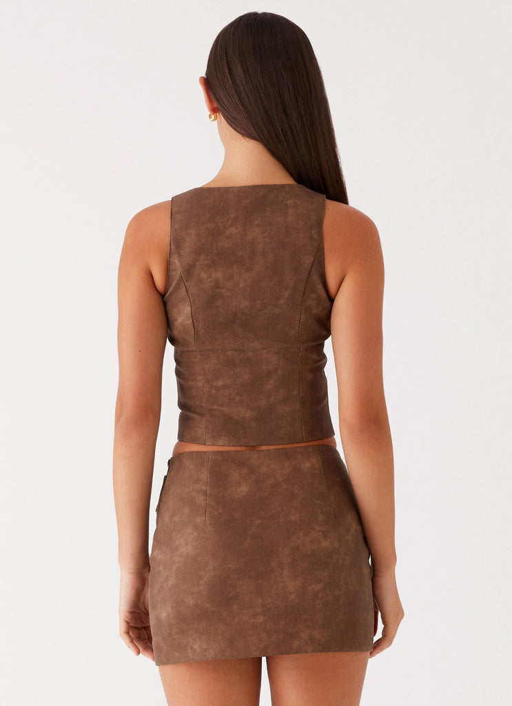 Womens West District PU Top in the colour Brown in front of a light grey background