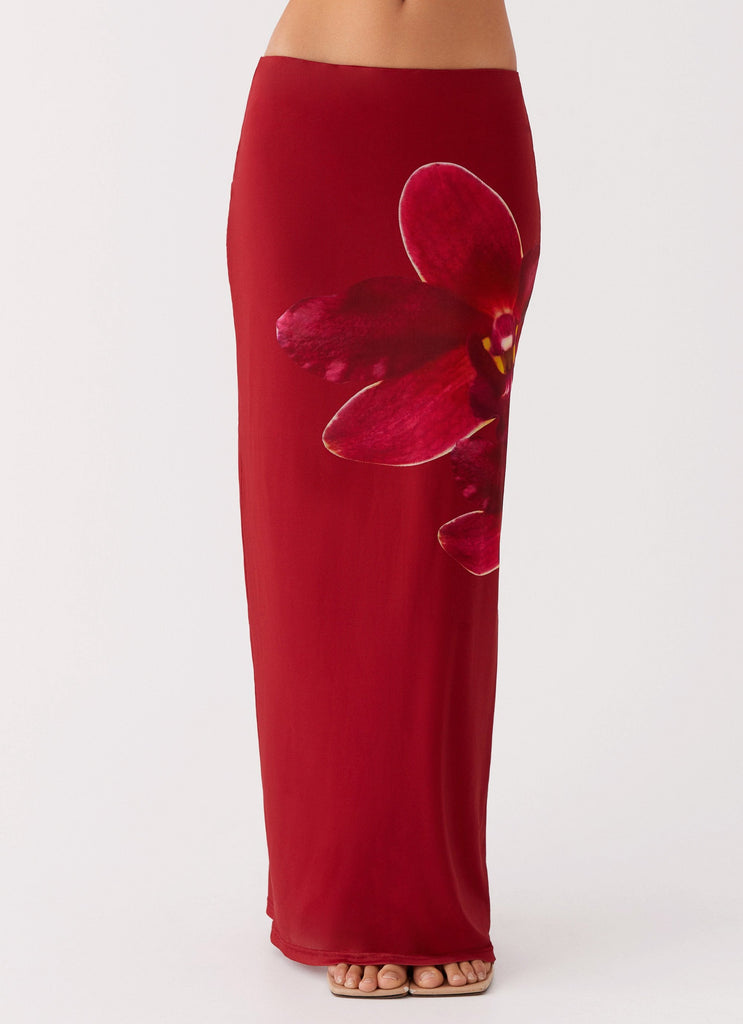 Womens Waiting For Dawn Mesh Maxi Skirt in the colour Rosa in front of a light grey background