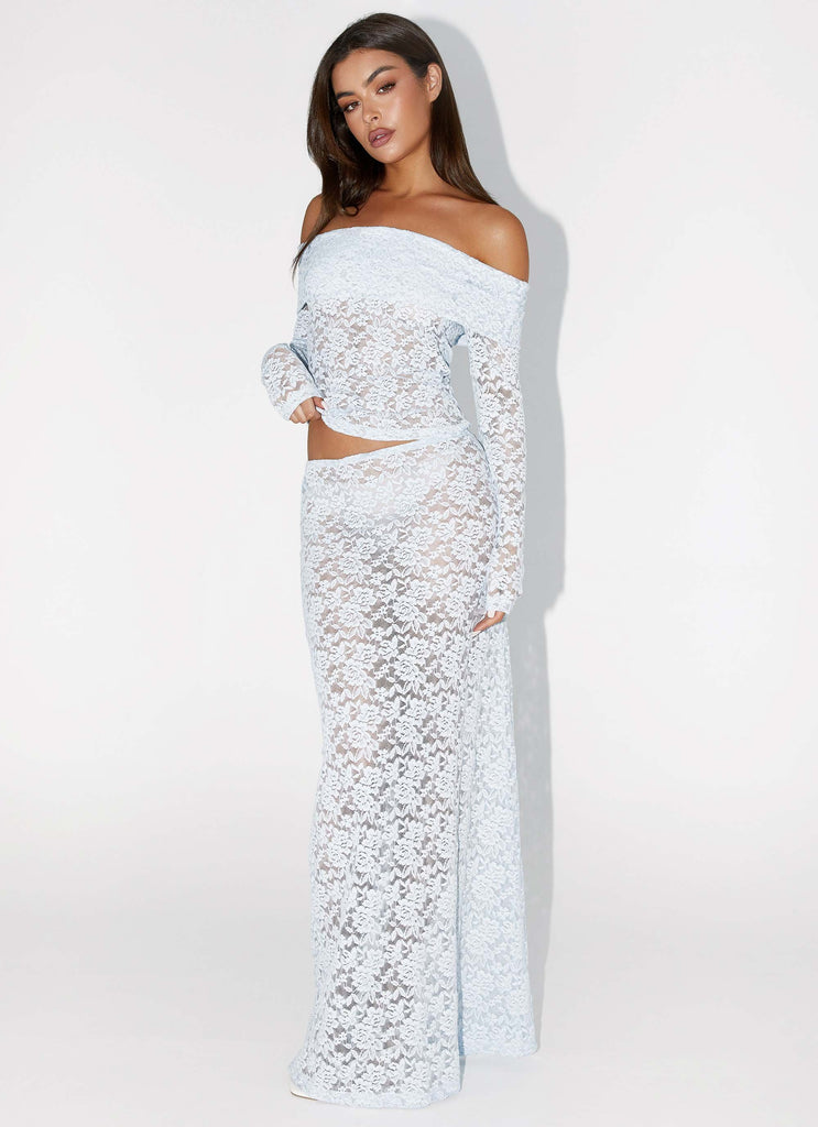 Womens Zephyra Lace Maxi Skirt in the colour Blue Cloud in front of a light grey background