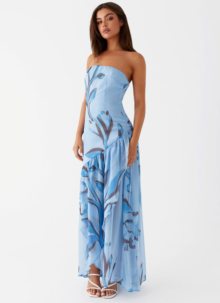 Womens Solaris Strapless Maxi Dress in the colour Blue Floral in front of a light grey background