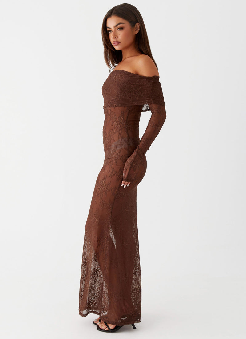 Womens Nadia Lace Maxi Dress in the colour Chocolate in front of a light grey background