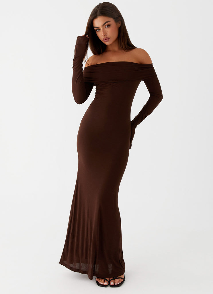 Womens Cocoa Long Sleeve Maxi Dress in the colour Chocolate in front of a light grey background