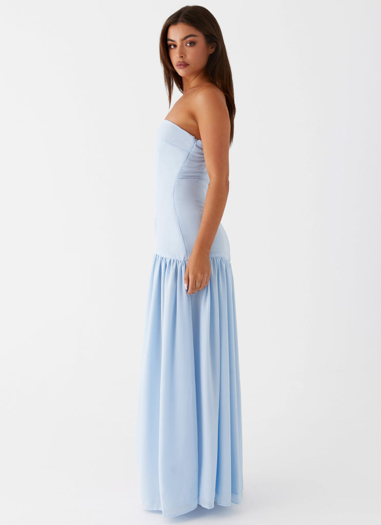 Womens Eden Strapless Maxi Dress in the colour Blue in front of a light grey background