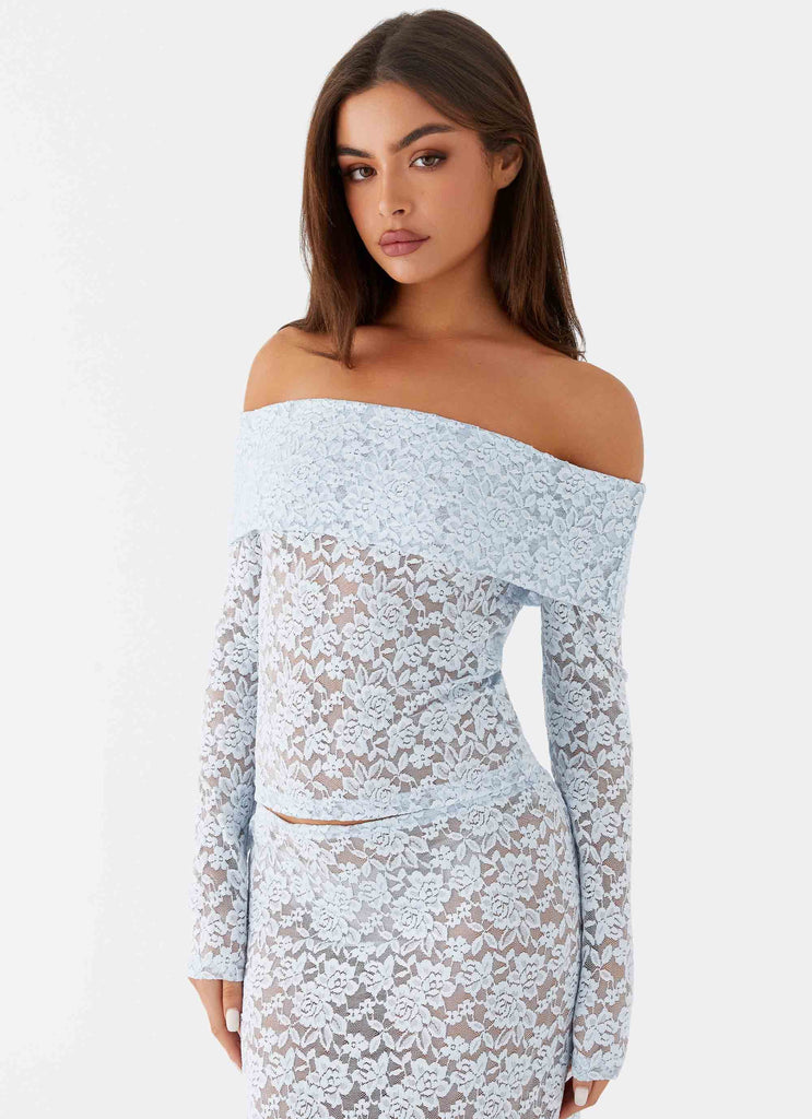 Womens Zephyra Lace Long Sleeve Top in the colour Blue Cloud in front of a light grey background