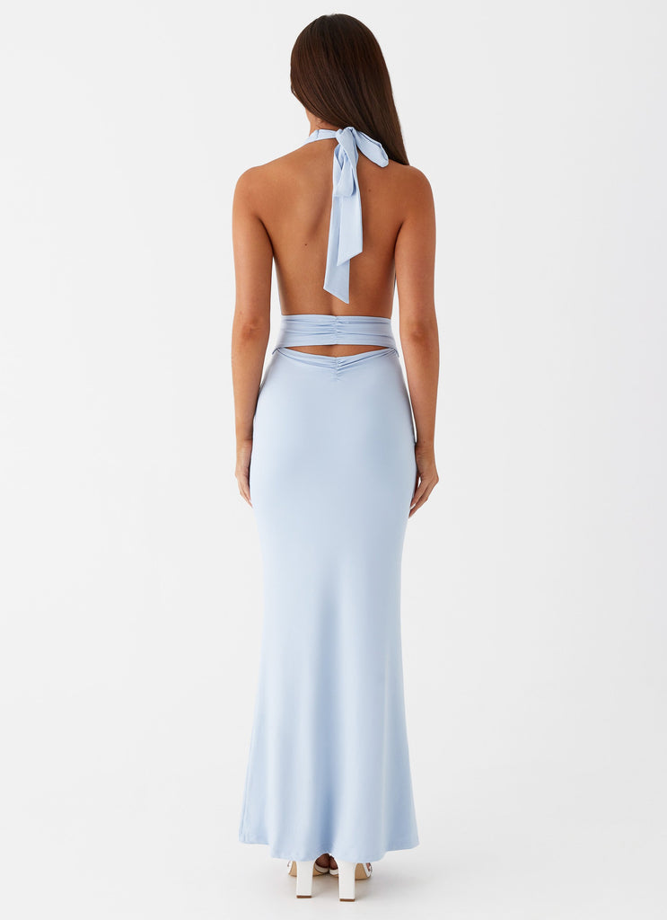 Womens Carolina Twist Maxi Dress in the colour Blue in front of a light grey background