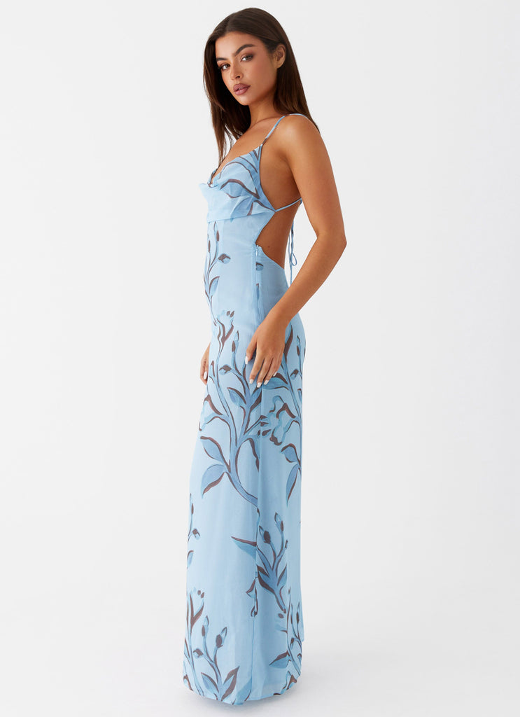 Womens Felicia Daisy Maxi Dress in the colour Blue Floral in front of a light grey background