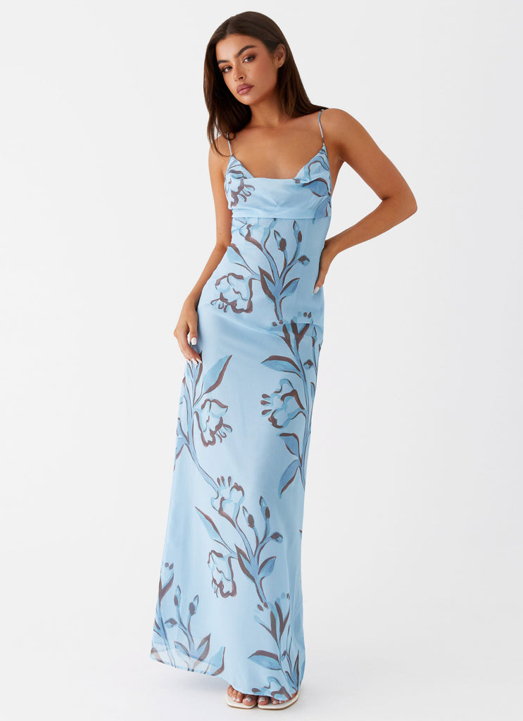 Womens Felicia Daisy Maxi Dress in the colour Blue Floral in front of a light grey background