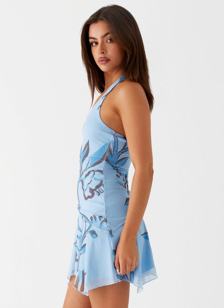 Womens Iris Bloom Mini Dress in the colour Blue Floral in front of a light grey background