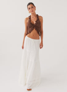 Womens Moonstone Tiered Maxi Skirt in the colour White in front of a light grey background