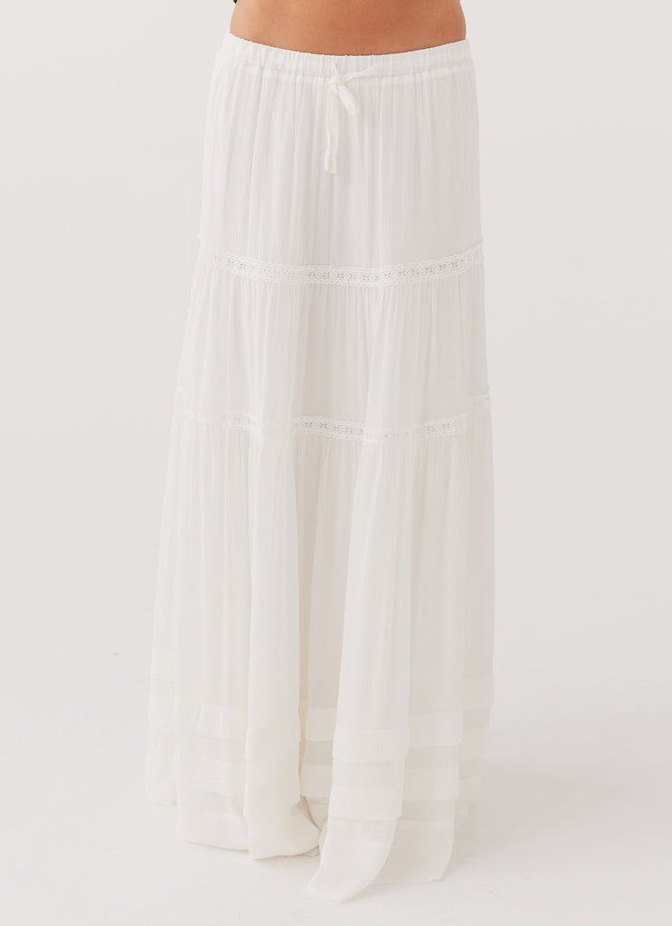 Womens Moonstone Tiered Maxi Skirt in the colour White in front of a light grey background