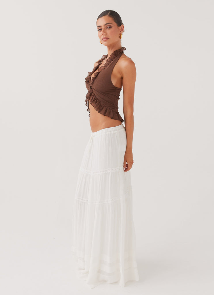 Womens Moonstone Tiered Maxi Skirt in the colour White in front of a light grey background