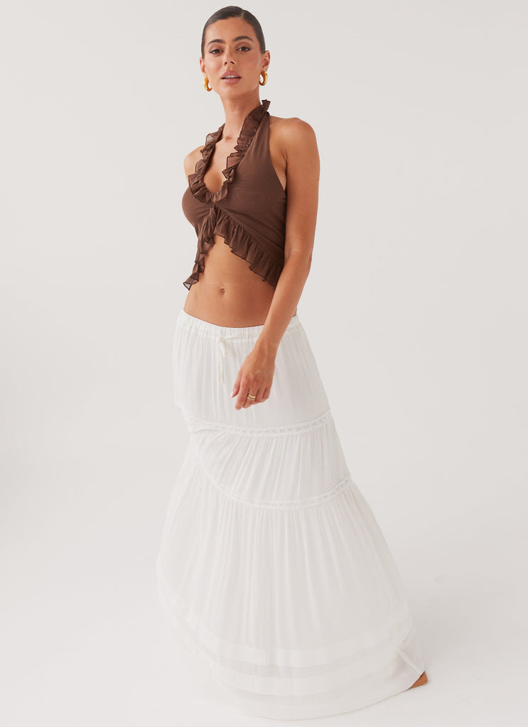 Womens Moonstone Tiered Maxi Skirt in the colour White in front of a light grey background