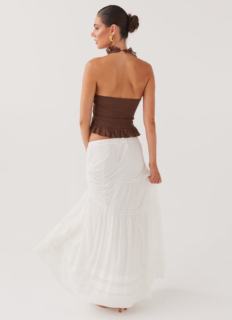 Womens Moonstone Tiered Maxi Skirt in the colour White in front of a light grey background