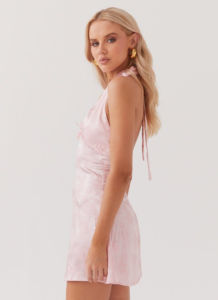 Womens Amalina Halterneck Mini Dress in the colour Peony Pink in front of a light grey background