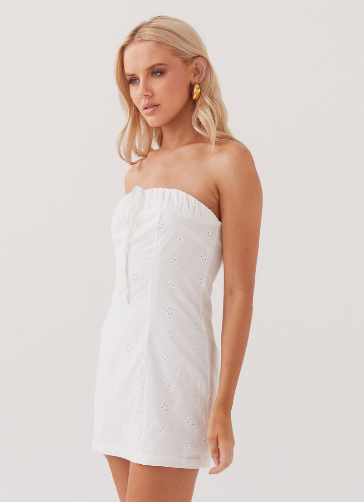 Womens Bronwyn Broderie Mini Dress in the colour White in front of a light grey background