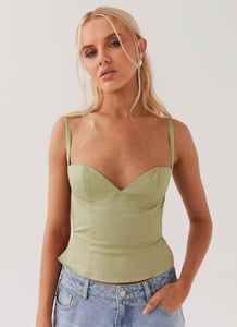 Womens Naomi Backless Top in the colour Sage in front of a light grey background