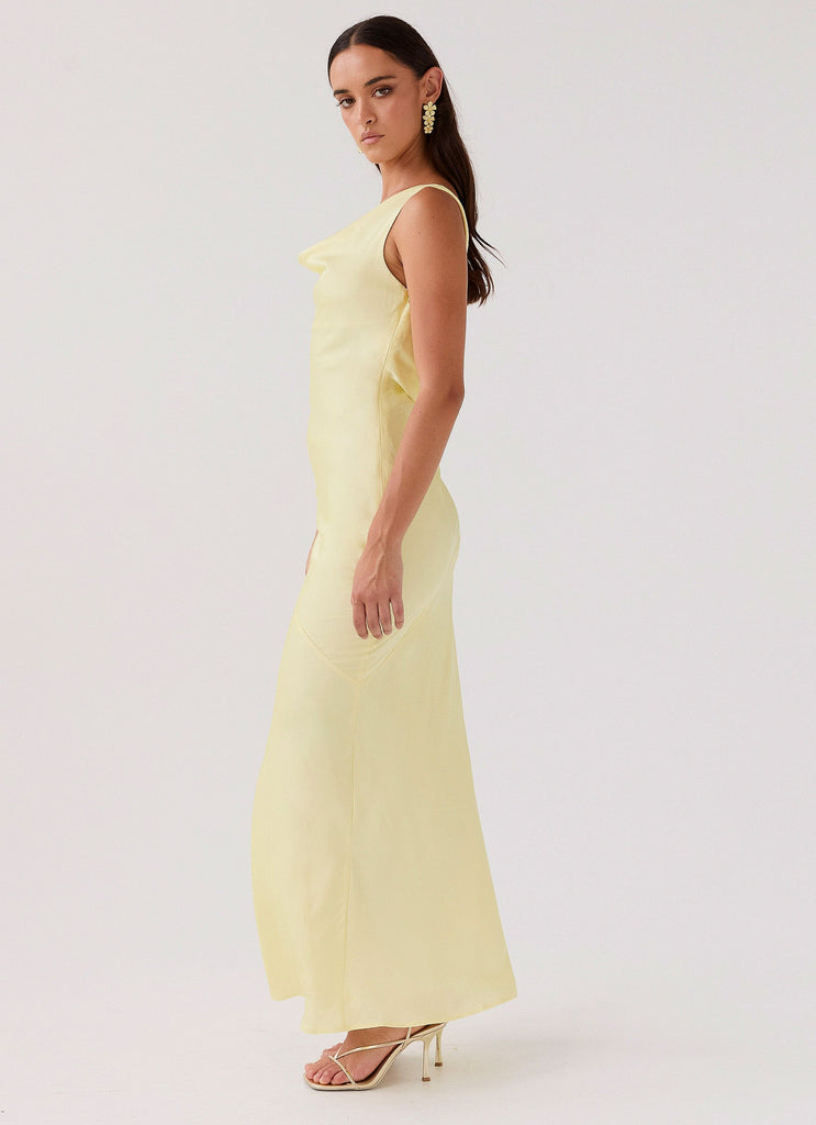 Womens Be Mine Satin Maxi Dress in the colour Canary in front of a light grey background