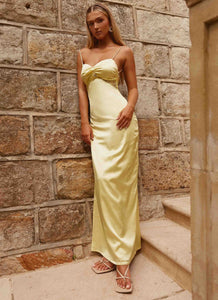 Womens Dream Sight Lace Satin Maxi Dress in the colour Lemon in front of a light grey background