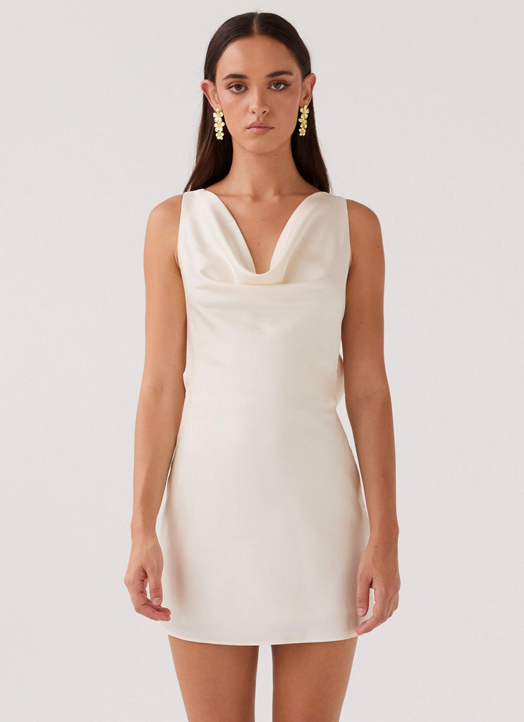 Womens Be Mine Satin Mini Dress in the colour Ivory in front of a light grey background