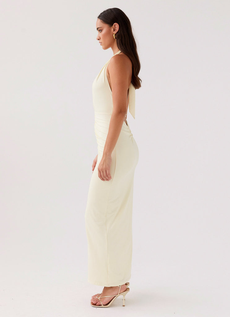 Womens Whisked Away Halterneck Maxi Dress in the colour Canary in front of a light grey background