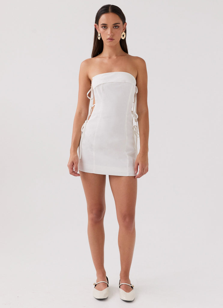 Womens Aura Tie Tube Dress in the colour White in front of a light grey background