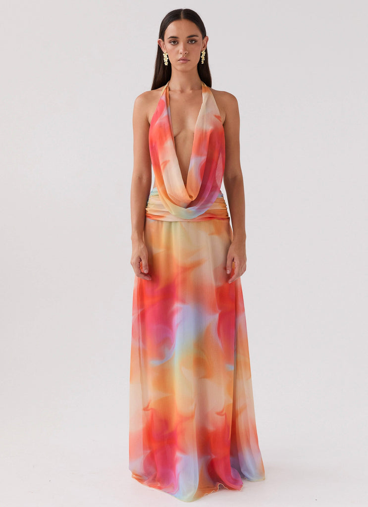 Womens Elysia Chiffon Maxi Dress in the colour Rainbow in front of a light grey background