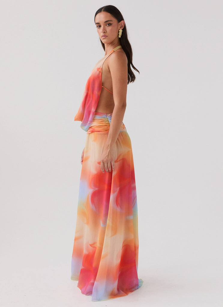 Womens Elysia Chiffon Maxi Dress in the colour Rainbow in front of a light grey background