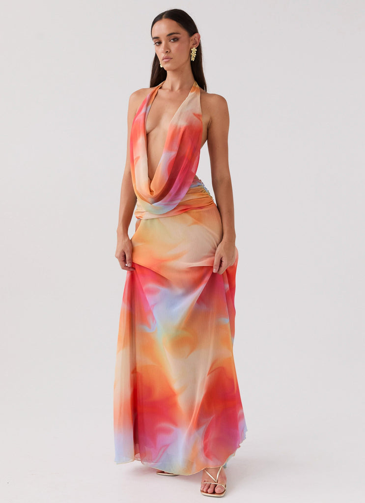 Womens Elysia Chiffon Maxi Dress in the colour Rainbow in front of a light grey background