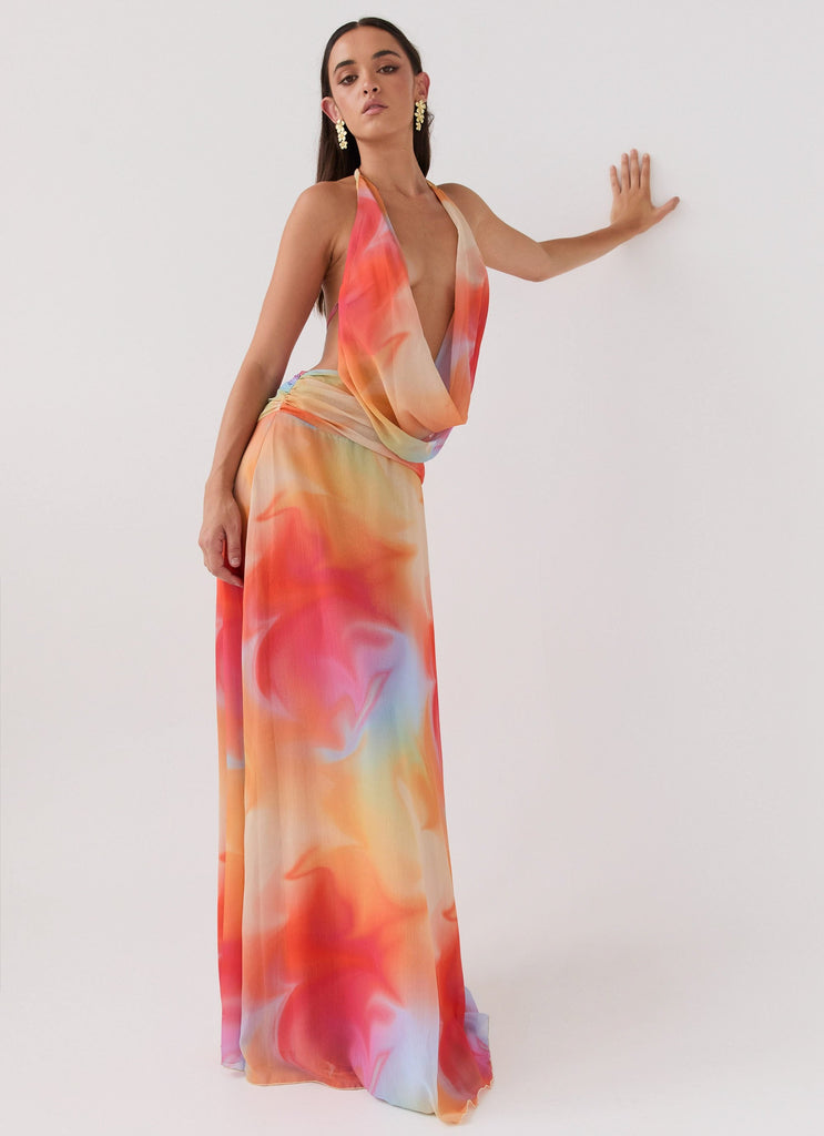 Womens Elysia Chiffon Maxi Dress in the colour Rainbow in front of a light grey background