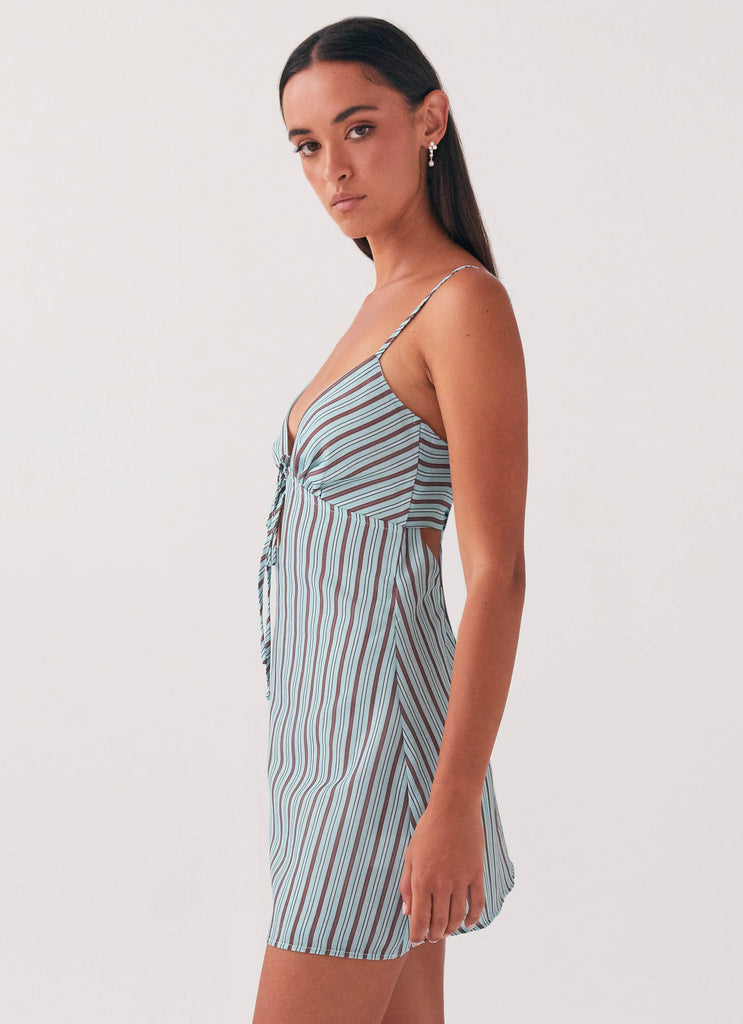 Womens Flora Linen Mini Dress in the colour Coastal Stripe in front of a light grey background