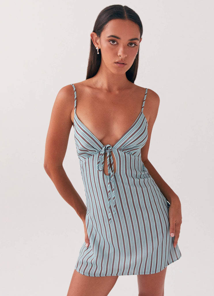 Womens Flora Linen Mini Dress in the colour Coastal Stripe in front of a light grey background