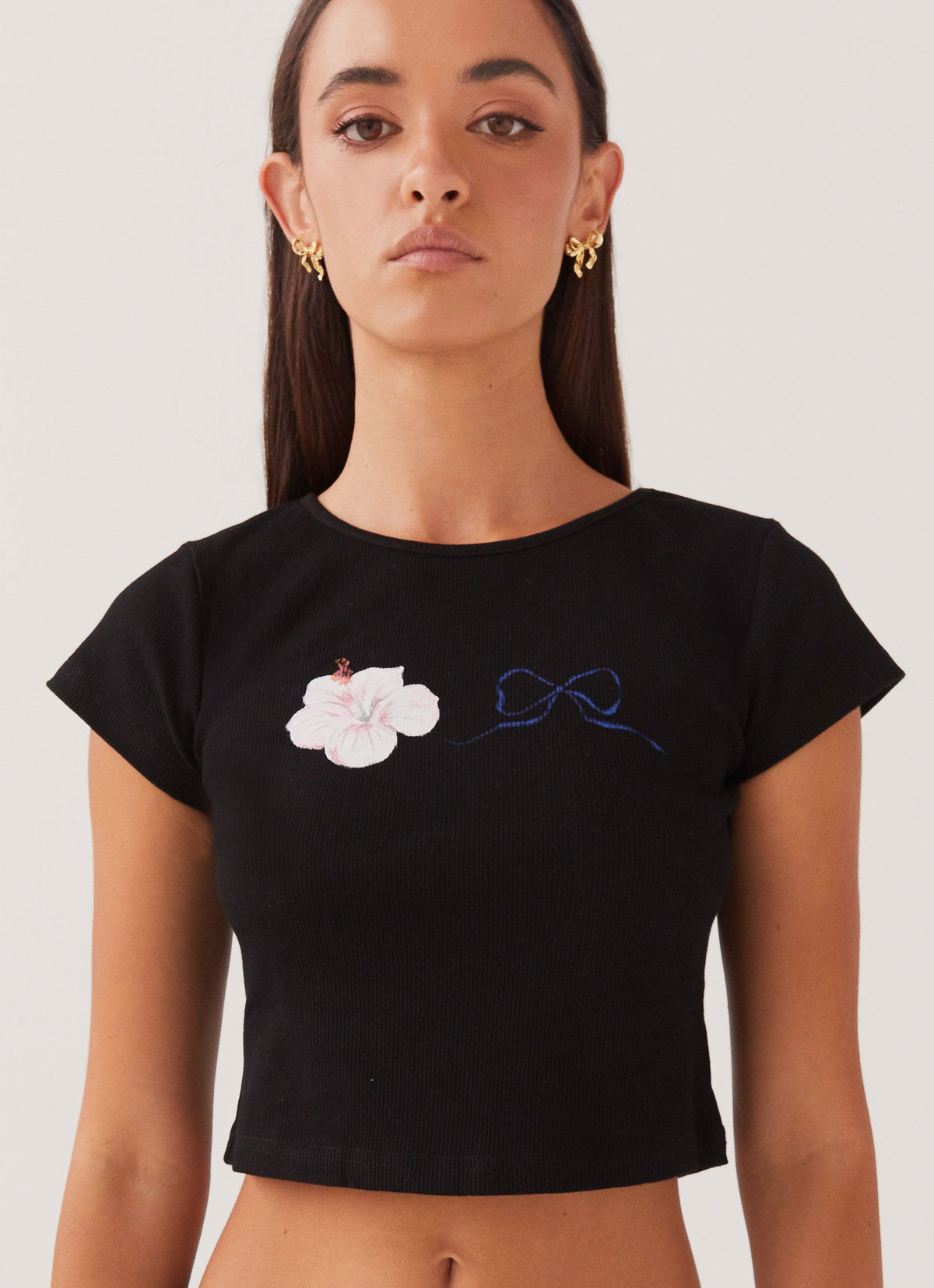 Womens My Turn Baby Tee in the colour Black in front of a light grey background