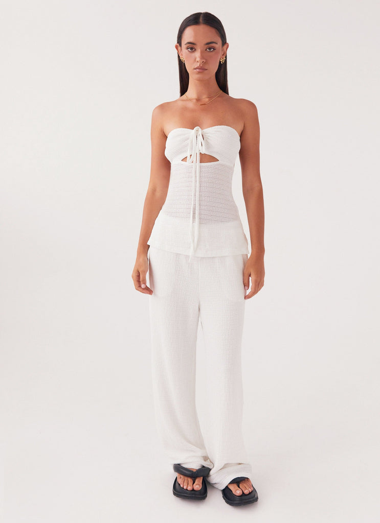 Womens Jadey Strapless Waffle Top in the colour White in front of a light grey background