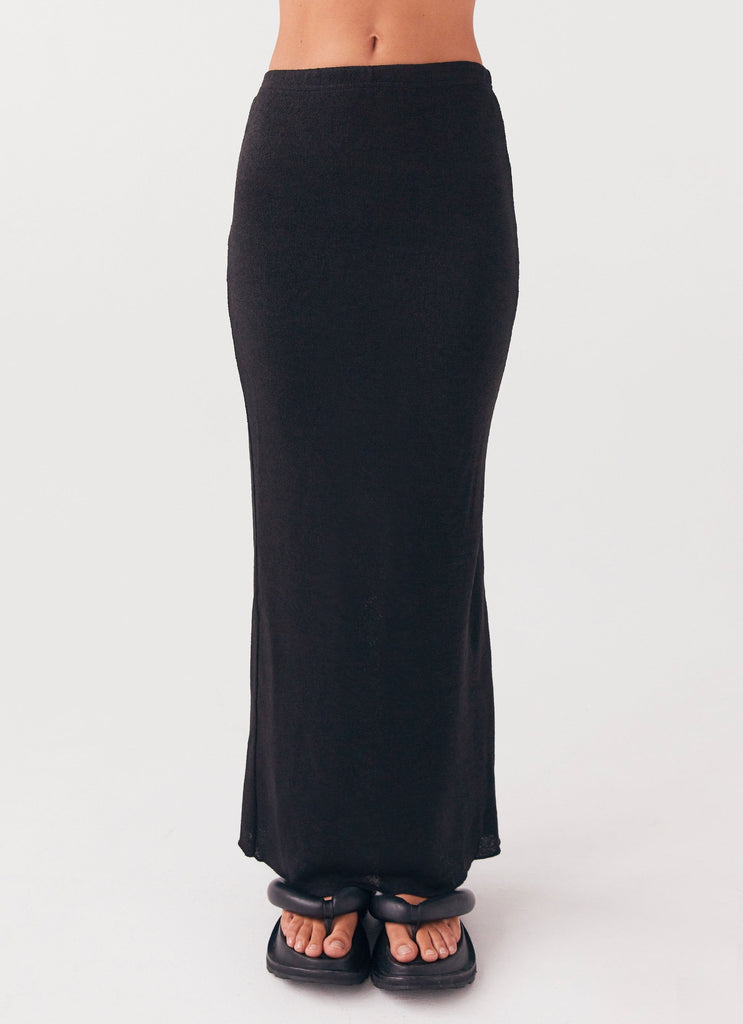 Womens Delicate Lady Knit Maxi Skirt in the colour Black in front of a light grey background