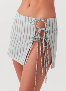 Womens Summer Retreat Mini Skirt in the colour Coastal Stripe in front of a light grey background