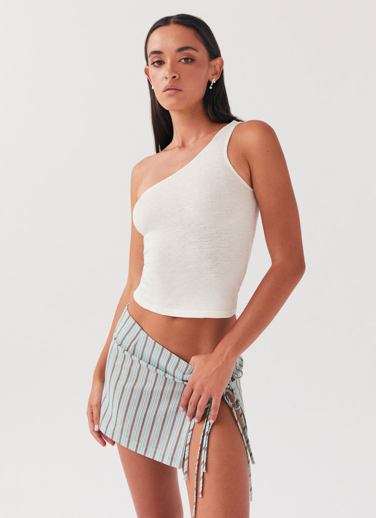 Womens Summer Retreat Mini Skirt in the colour Coastal Stripe in front of a light grey background