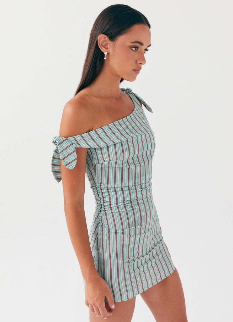 Womens Amazonia Linen Mini Dress in the colour Coastal Stripe in front of a light grey background